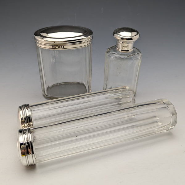 Around 1924 British Vintage Sterling Silver Lid Glass Bottle Set of 4